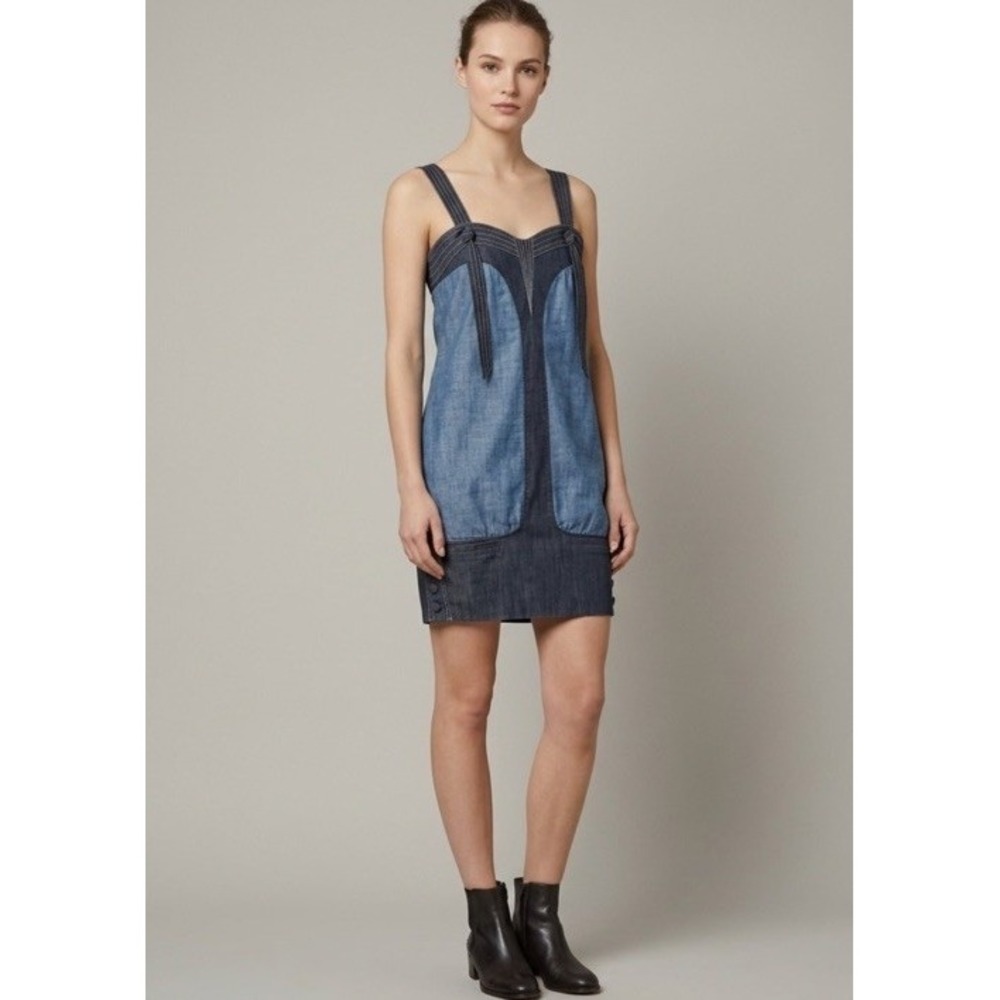 Vintage Y2K Radcliffe London Denim Linen Blend Mini Dress Prairie Cottagecore 6